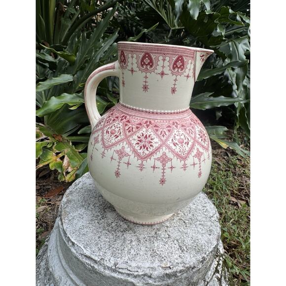 Antique Sarreguemines “Calcutta” Pitcher Red Transferware French Faeince 9” - Picture 7 of 15